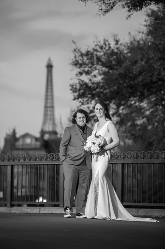 A black and white photo of Alexis and Christian